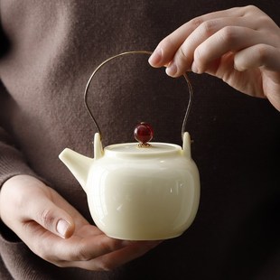 羊脂玉白瓷茶壶提梁壶大号陶瓷壶泡茶器防烫功夫茶具家用会客单壶