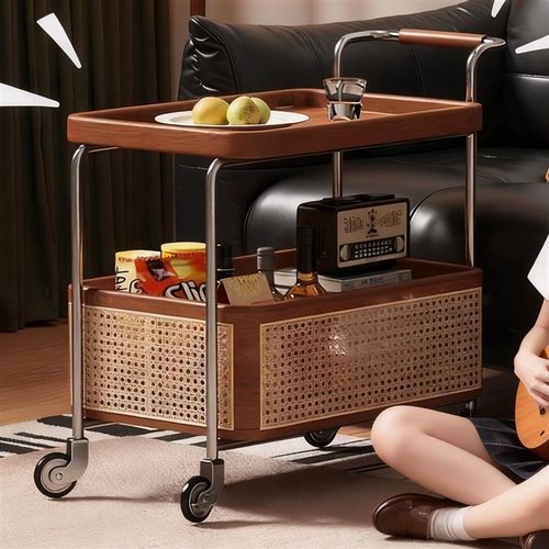 可移动边几小推车茶几客厅家用沙发边柜中古实木小桌子收纳置桌