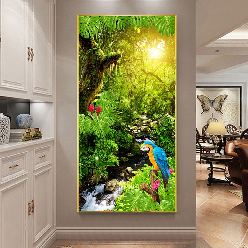 玄关装饰画入门正对门壁画现代树林风景自然竖版走廊过道晶瓷挂画