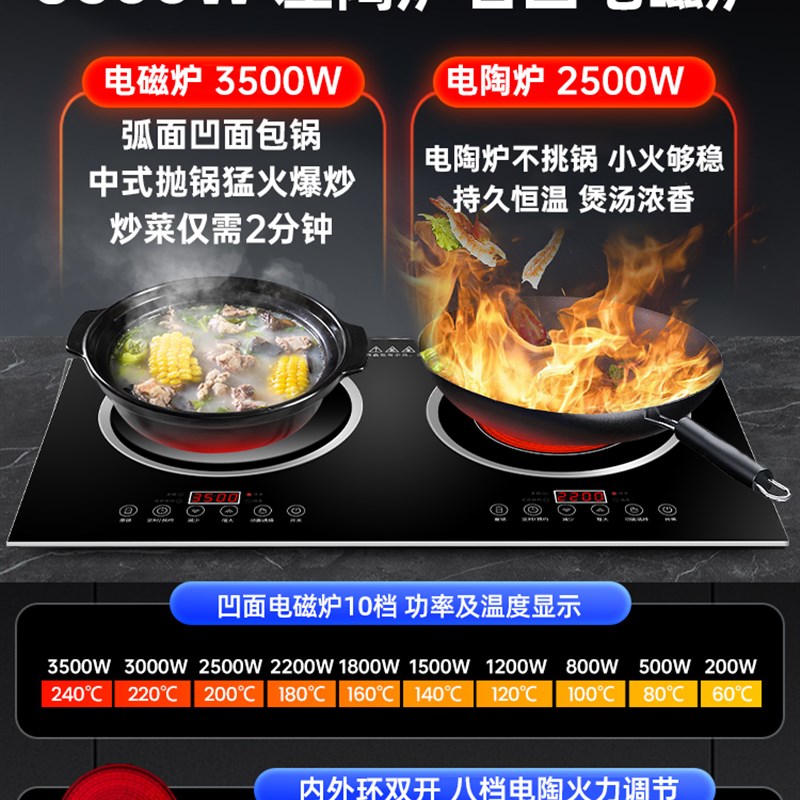 电磁炉家用双灶嵌入式台式凹面大功率电陶炉进口猛火爆炒菜锅商用
