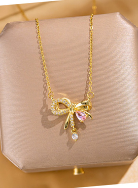 新款轻奢金色蝴蝶结水钻锁骨链