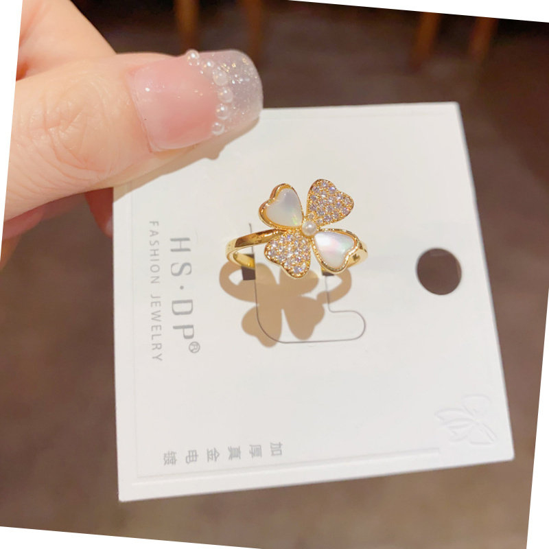 高级感18K金四叶草戒指女轻奢风爱心时尚百搭镶嵌可调节开口戒指
