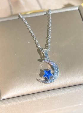 简约钛钢月亮星蓝色水晶锁骨链