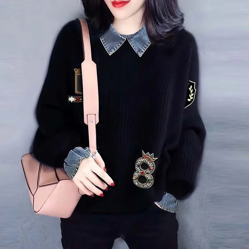设计感宽松假两件毛衣女2024年春秋季新款美式高级感牛仔领针织衫