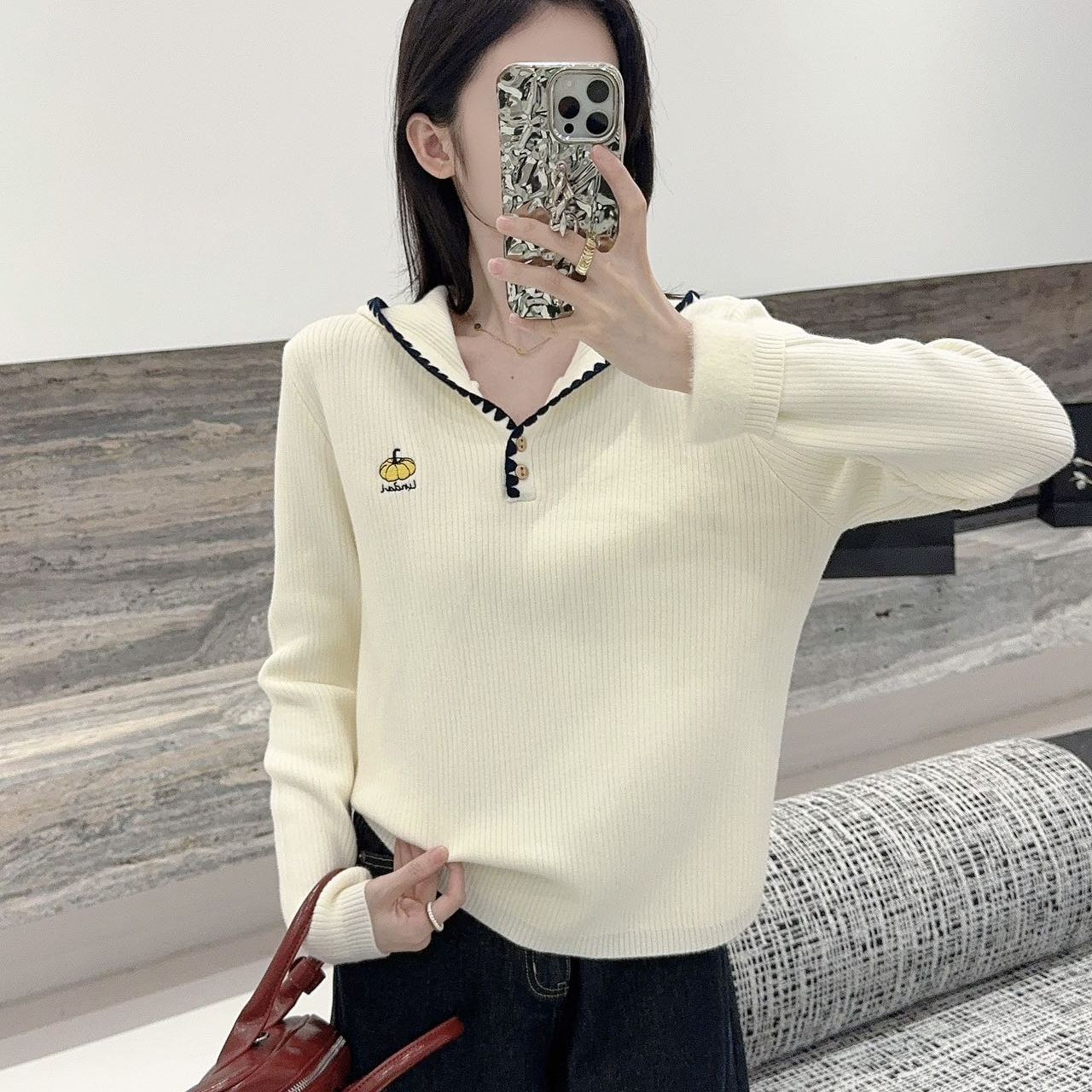 现货学院风撞色翻领针织衫女秋款