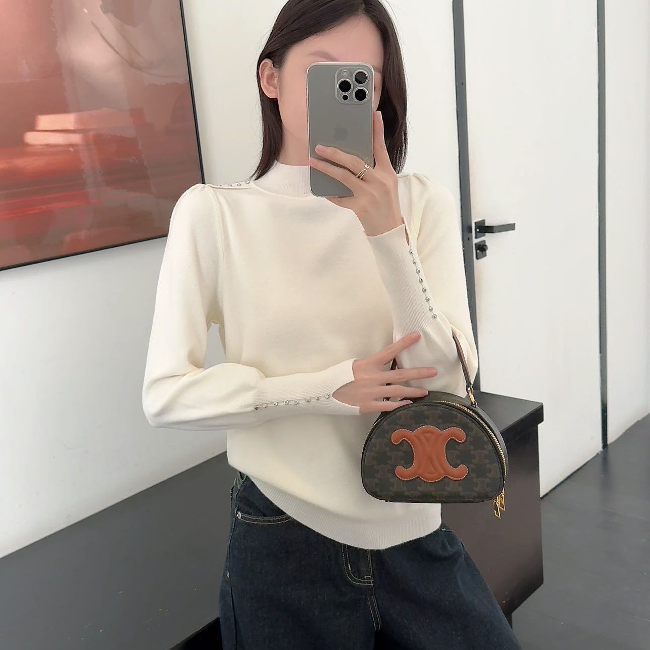 半高领钉珠毛衣女打底衫
