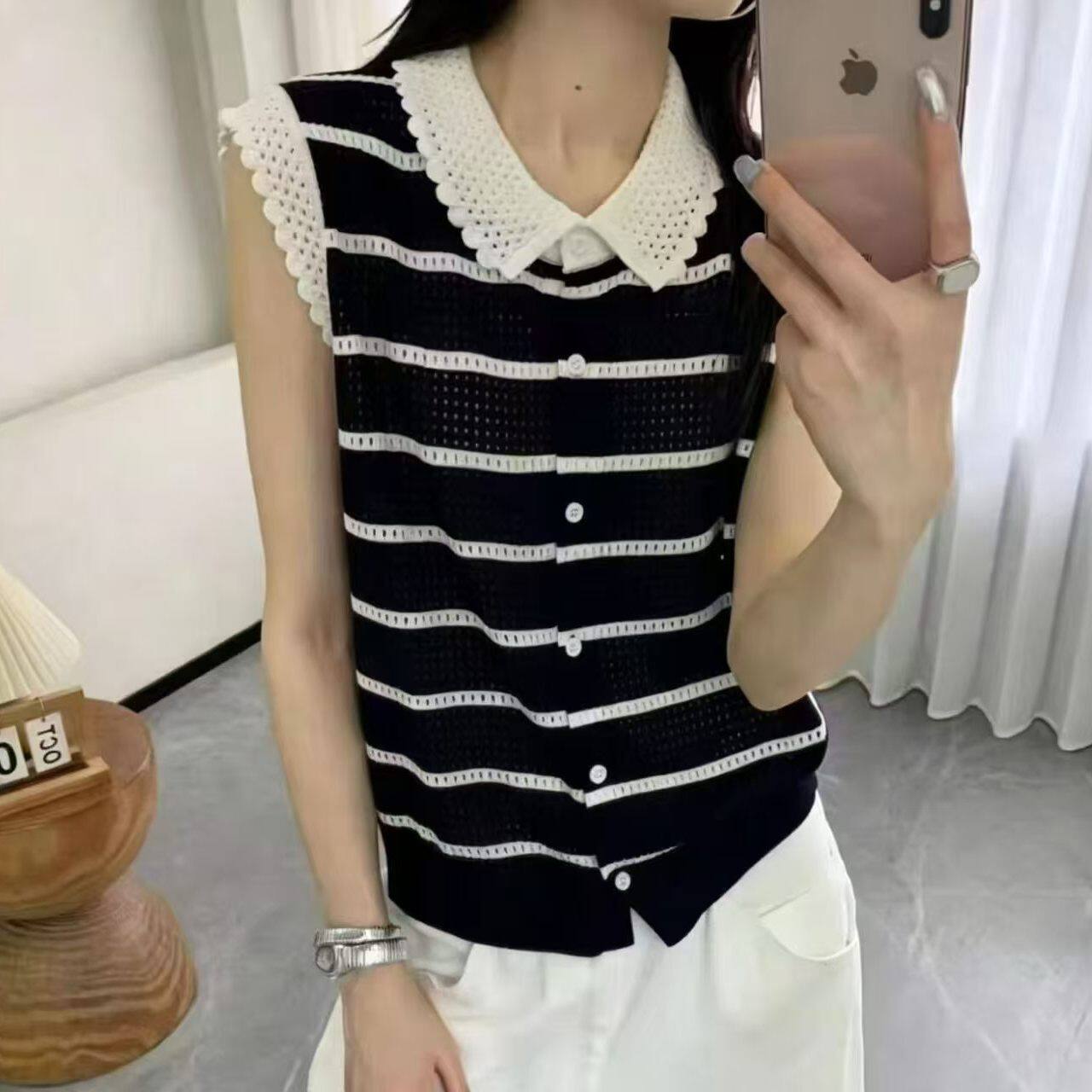 元气少女黑白条纹洞洞针织背心花边polo领轻薄透气外搭短款小马甲