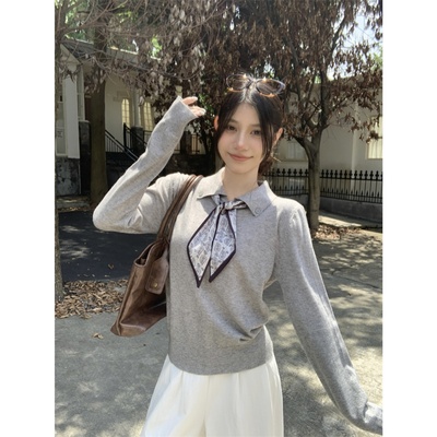 韩系减龄Polo丝巾针织衫