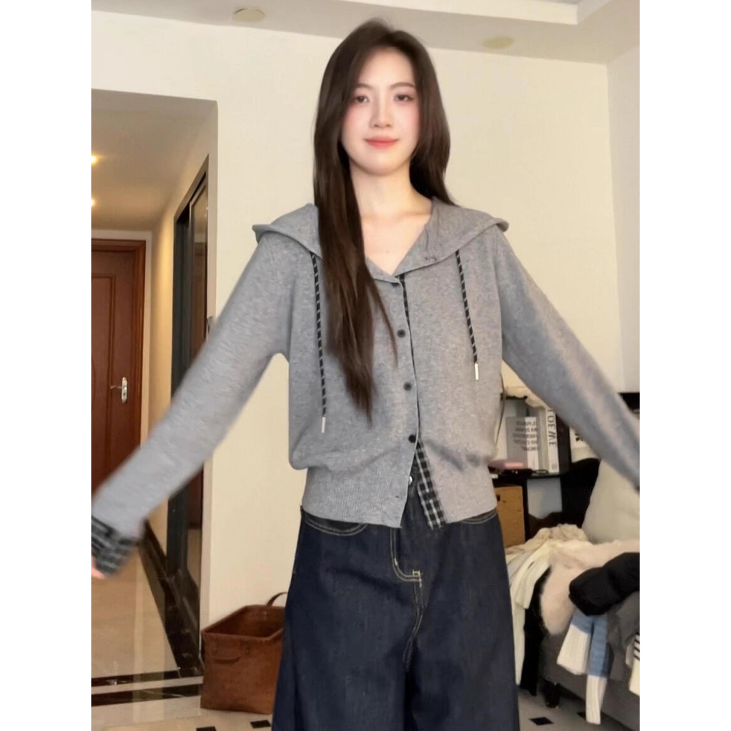 韩系假两件灰色连帽卫衣外套女