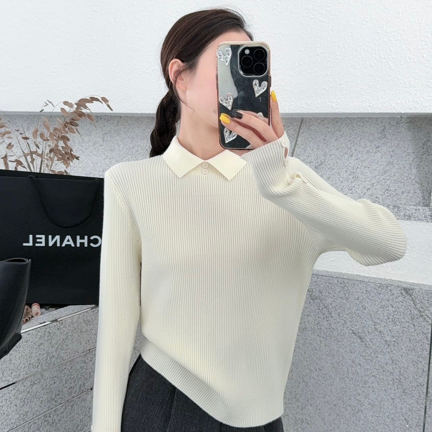 韩系秋冬新款翻领坑条针织衫