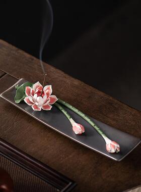 国潮手工牡丹花桃花线香插摆件陶瓷创意莲花菊花香托香座桌面装饰