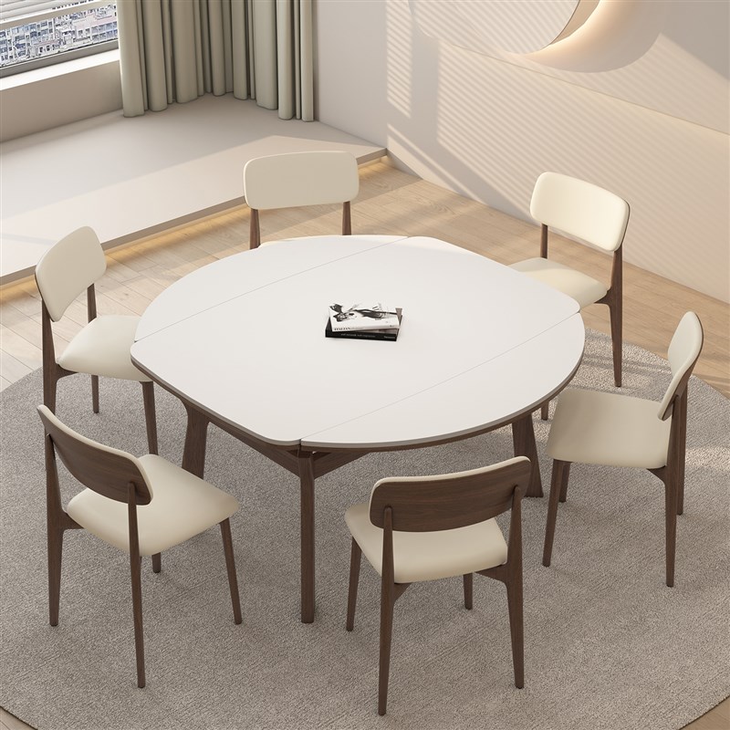 实木可伸缩岩板餐桌可变圆桌家用小户型奶油中古风高端吃饭桌子