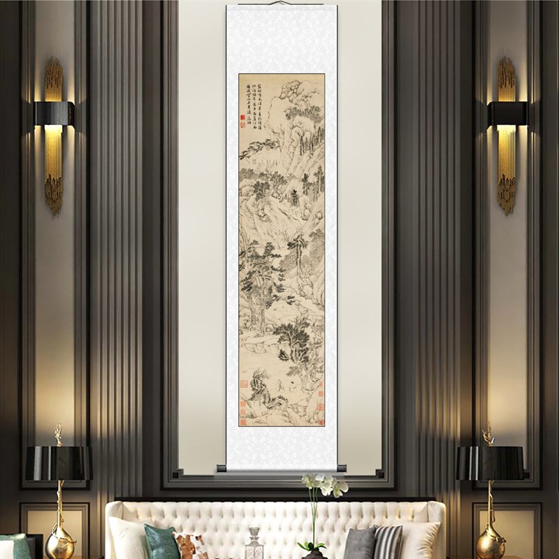 文徵明雨余春树图曲港归舟图绿荫长话国画工笔山水中堂画玄关挂画