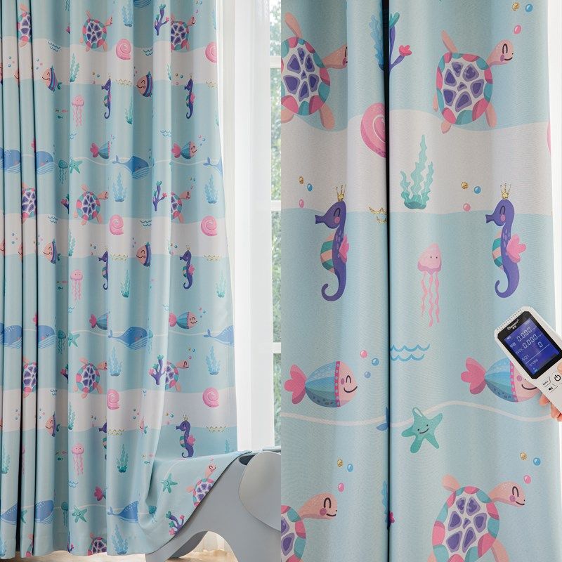 儿童全遮光印数码加厚成品窗帘卡通飘窗轨道挂钩定制蓝色鱼布帘,居家布艺,定制窗帘,淘宝优惠券,粉丝福利购,淘宝优惠卷