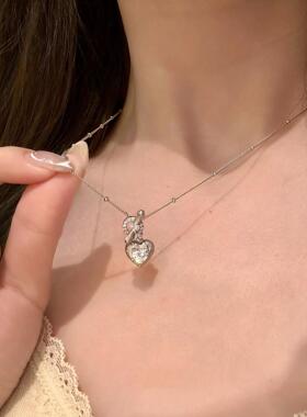 Vintager中古拉丝爱心吊坠闪钻项炼女高级感贵气锁骨炼毛衣炼配饰
