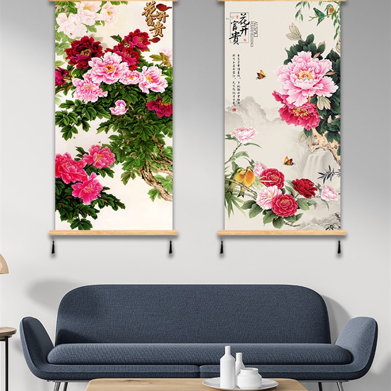 花开富贵布艺挂画客厅民宿玄关装饰画走廊书房牡丹免打孔墙画遮挡图片