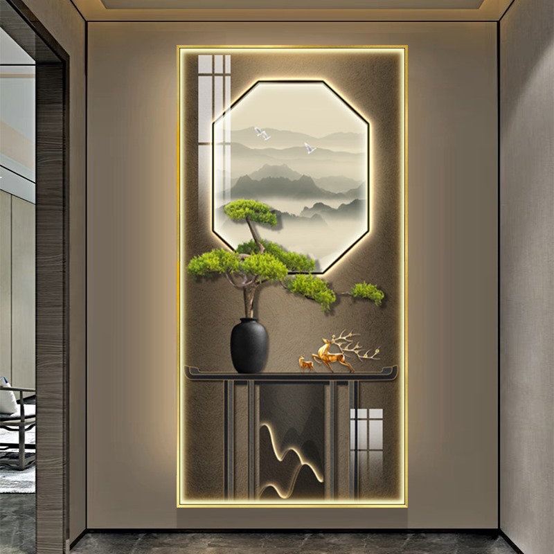 简约现代玄关装饰画高档入户过道走廊发光灯画楼梯间转角晶瓷挂画图片