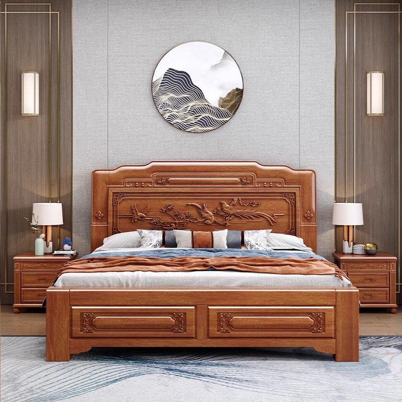 中式金花梨木实木床双人床1.8米榫卯结构古典雕花加厚工厂直销