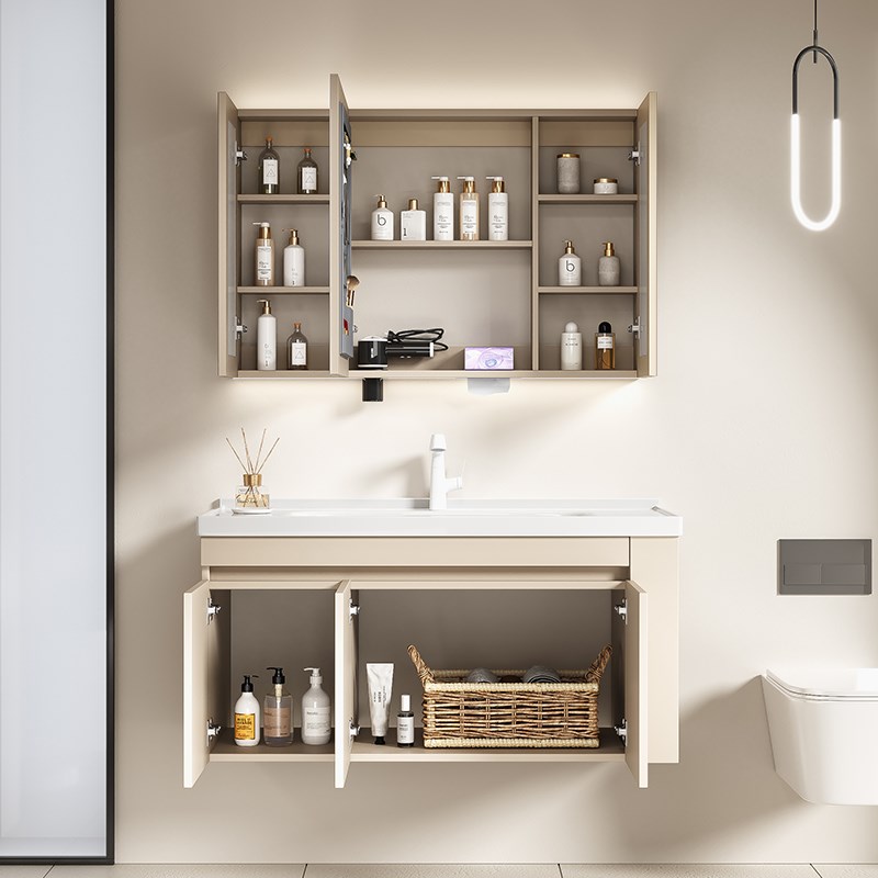 欧罗芬[奶油升级版06X/移动侧边格]陶瓷一体盆浴室柜组合洗脸台盆