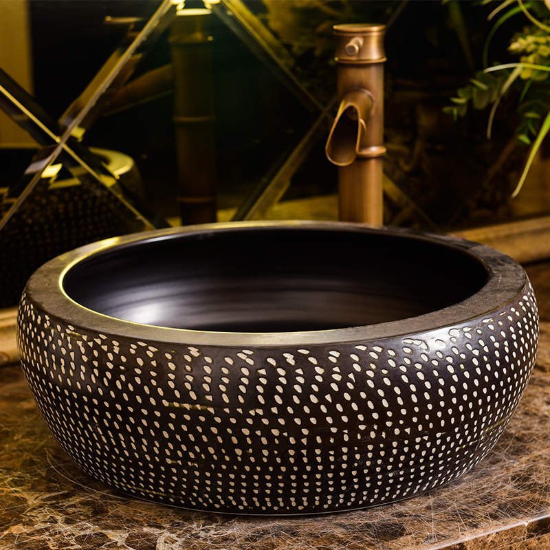 台上盆圆型洗脸盆陶瓷艺术盆家用洗手盆欧式洗漱台盆复古雕刻