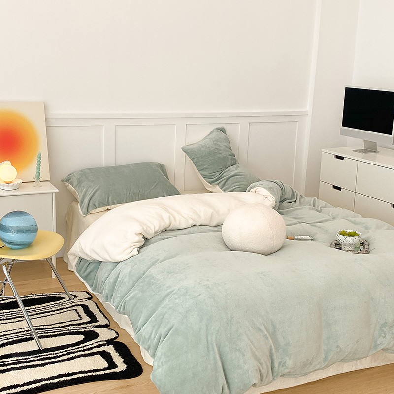 月光巴士in拼奶油色床上四件保暖被床单三件加厚