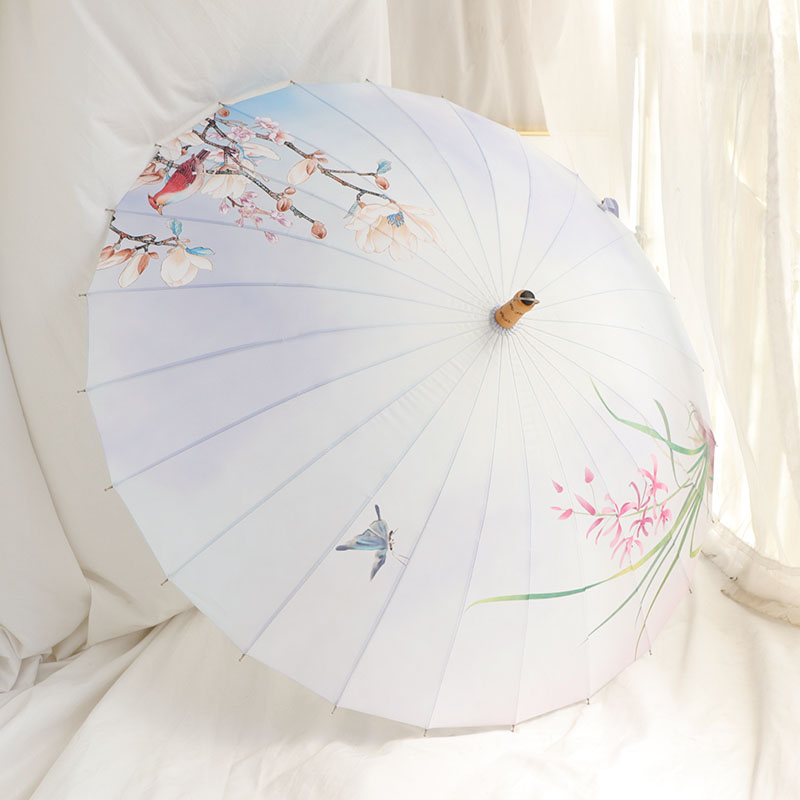 复古油画24骨古风长柄伞汉服拍照寒梅实木竹柄加大加固抗风雨伞