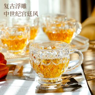 北欧可爱女泡茶杯办公室咖啡杯带把水杯家用小花茶杯透明玻璃杯子