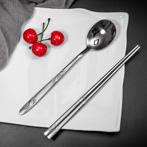 韩式不锈钢筷子勺水仙花长柄汤勺不锈钢餐具套装实心扁筷子勺仙鹤