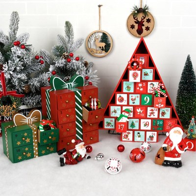 圣诞装饰品木制日历盒彩色圣诞屋倒计时格子摆件家居桌面橱窗摆饰