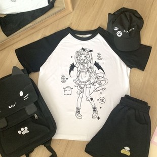 二次元圆领纯棉短袖女亚文化上衣少女萌软妹宅萌感百搭宽松T恤女