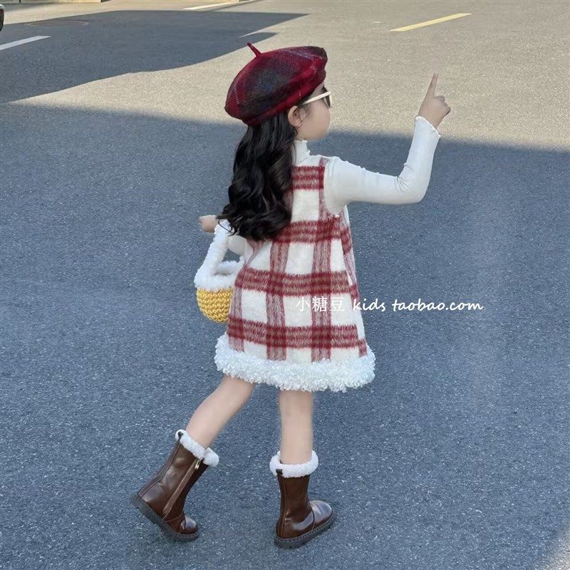 女童夹棉格子背心裙连衣裙2024秋冬新款女孩红色圣诞公主裙生日裙