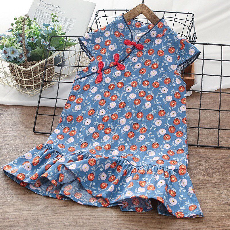 女童碎花公主短袖连衣裙儿童夏季绵绸中国风复古旗袍宝宝短袖唐装