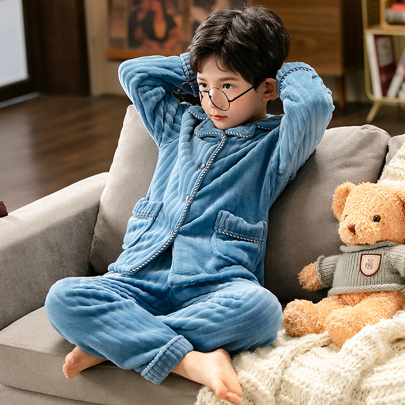 秋冬儿童法兰绒睡衣女童2-14岁女孩男童大童加厚珊瑚绒家居服套装