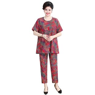 奶奶装夏装短袖棉绸套装夏季中老年人女装两件套妈妈60岁老人衣服