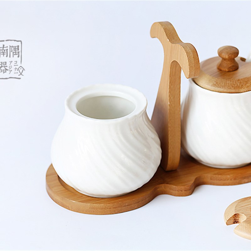 纯白日式简约陶瓷调味罐木盖组合 出口盐罐收纳套装手拎式调料瓶