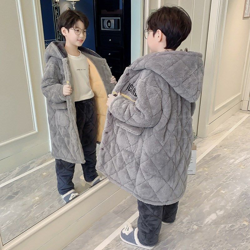 儿童睡衣秋冬季加厚款三层夹棉男童孩珊瑚绒法兰绒深灰保暖家居服,童装/婴儿装/亲子装,家居服套装,淘宝优惠券,粉丝福利购,淘宝优惠卷
