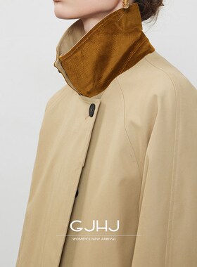 gjhj复古休闲时髦咖色撞色中长款风衣外套女 小个子百搭秋款高级