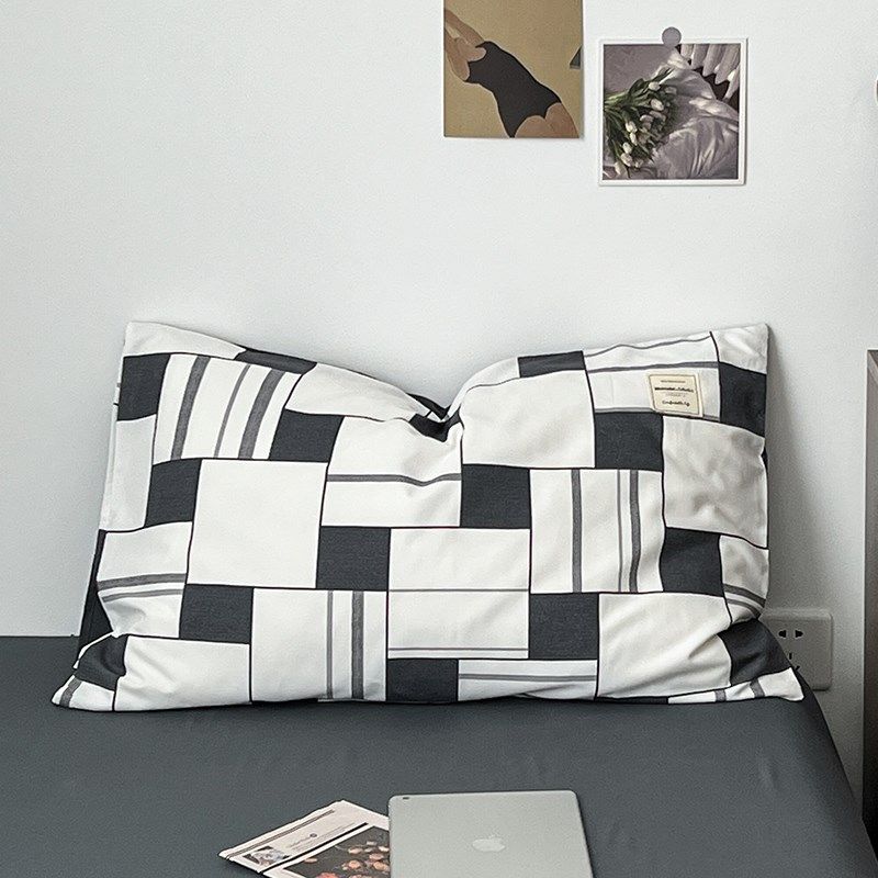 水洗棉枕套枕芯套装格子枕头套一只简约48*74cm单人一对成人枕皮