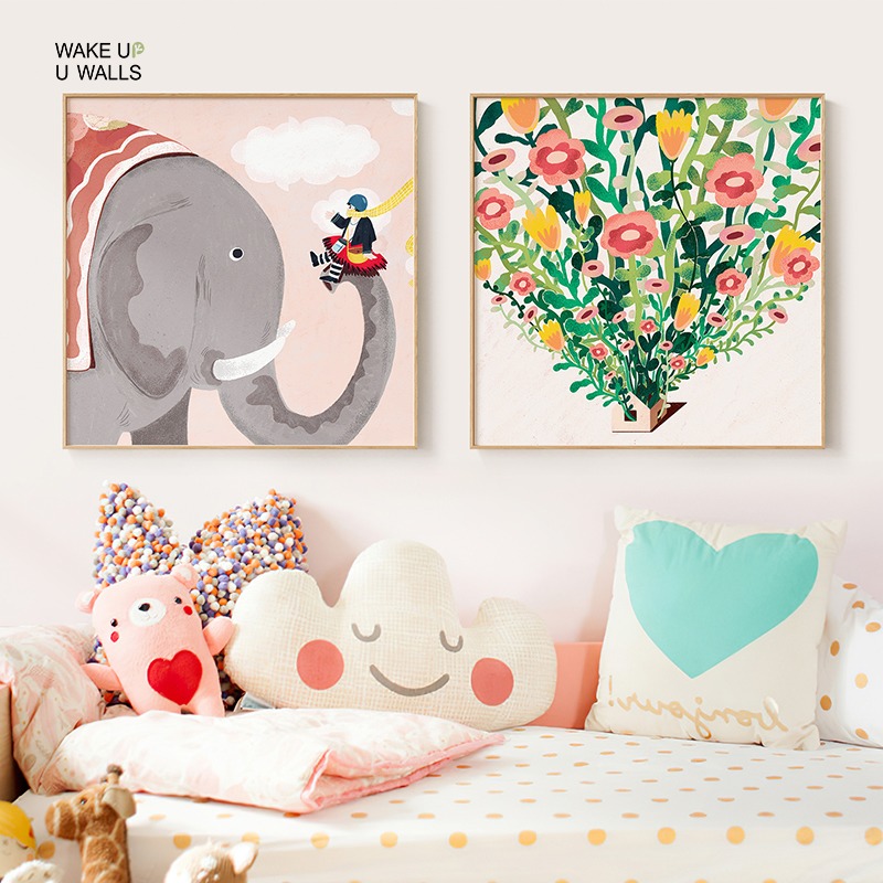 墙蛙创意儿童房装饰画现代简约卧室床头挂画卡通动物插画背景墙面图片