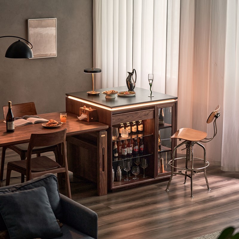 实木餐厅家用岛台小户型客厅黑胡桃木餐边柜餐桌备餐操作台料理台