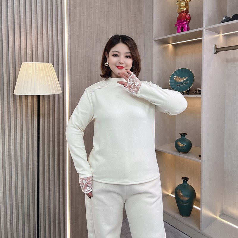 秋冬新款大码女装半高领蕾丝拼接打底衫法式女内搭高级感洋气上衣