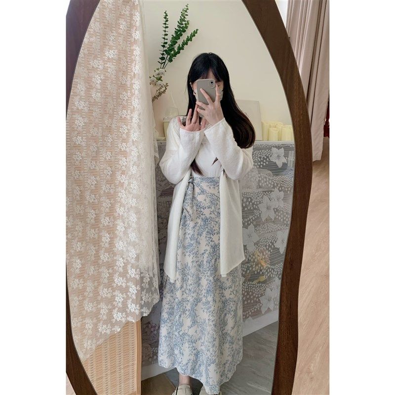 城南边儿9.19国风青花绑带裙一片式有内衬半身裙早秋裙子碎花裙