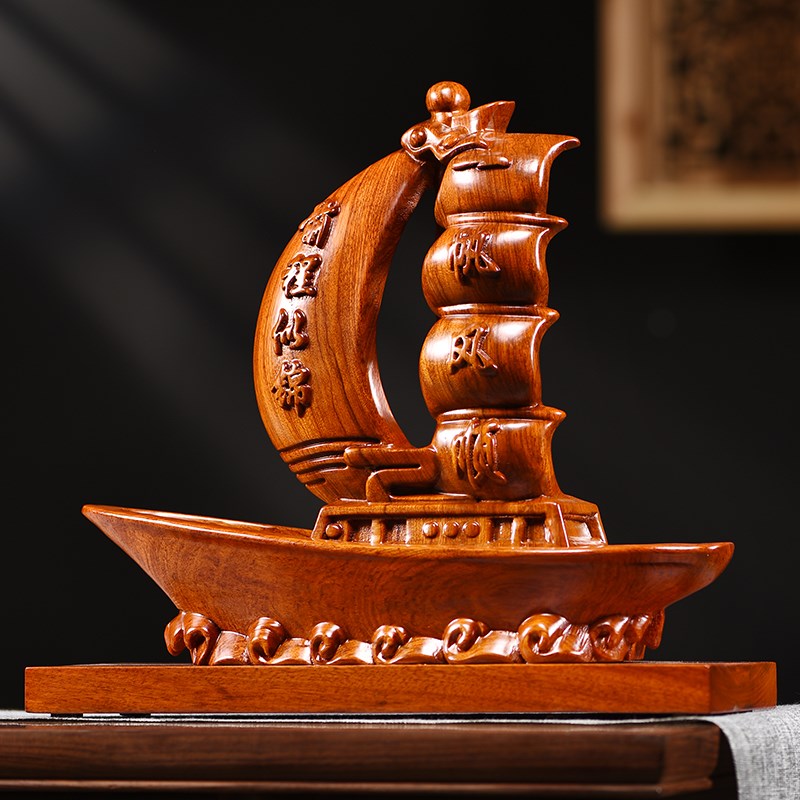 一帆风顺帆船摆件花梨木雕刻帆船模型实木制家居客厅桌面装饰摆件