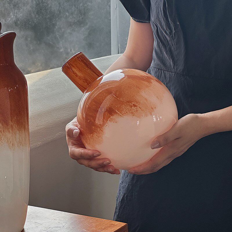 中古玻璃花瓶客厅桌面插花水养装饰摆件法式高级感轻奢琥珀花纹