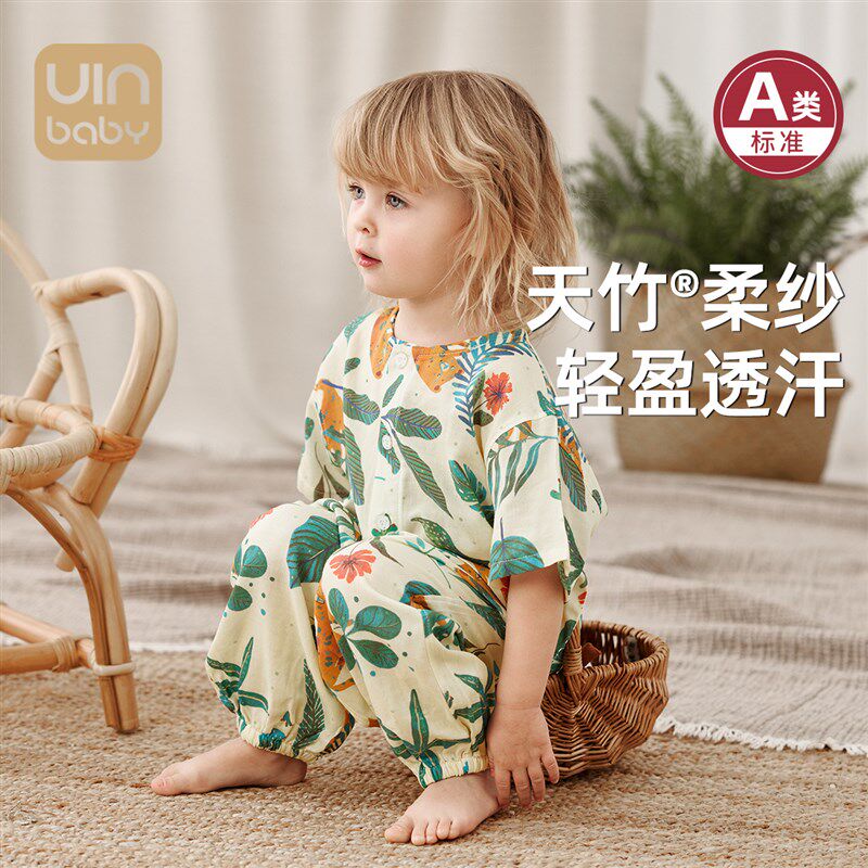 宝宝家居服纯棉纱布2025新款男女儿童夏款短袖薄空调睡衣服套装