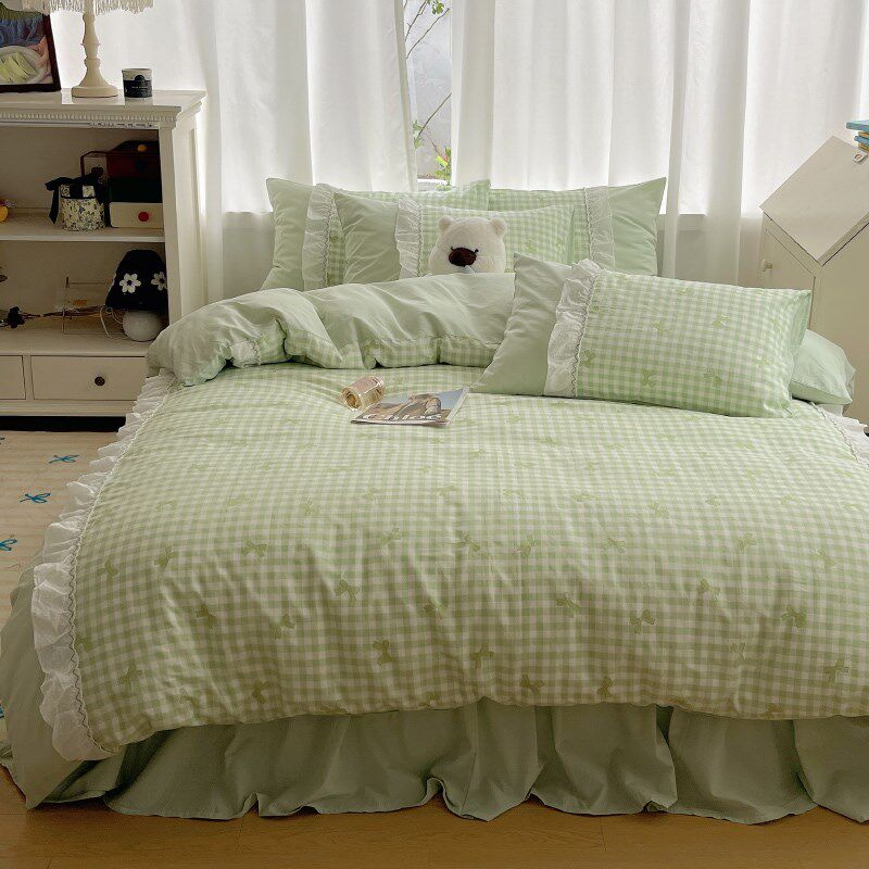 小清新绿色蝴蝶结纯棉四件套韩式公主风女孩床裙全棉床单床上用品