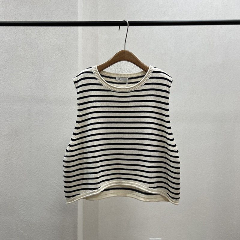 港风文艺范一七然秋季新款舒适百搭个性条纹圆领卷边针织马甲背心