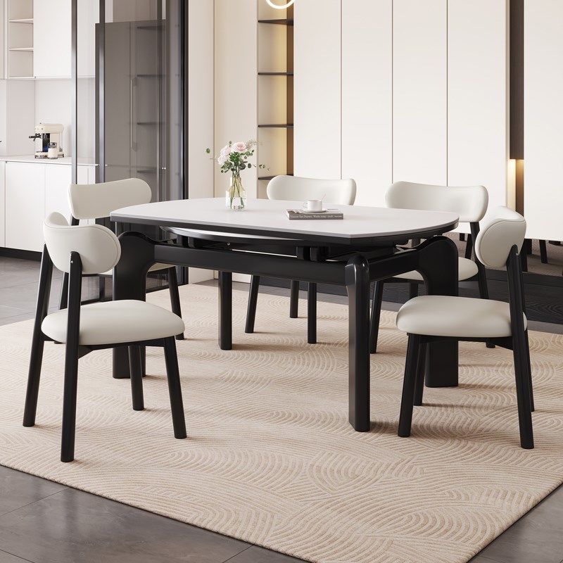 复古实木岩板伸缩餐桌椅组合家用小户型中古风可折叠方圆两用饭桌