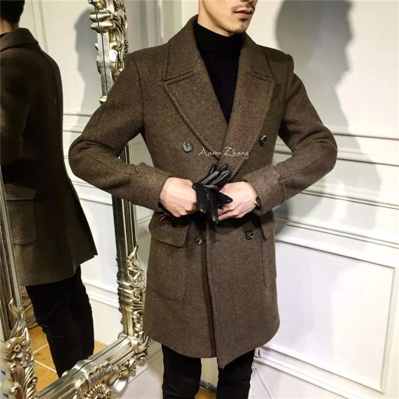 2023冬季新款韩国双排扣羊毛呢大衣男中长版英伦修身风衣加厚外套