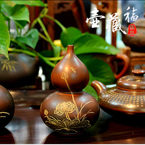 钦州坭兴陶茶宠摆件 观音水滴 福禄葫芦 窑变 精品茶具  紫泥